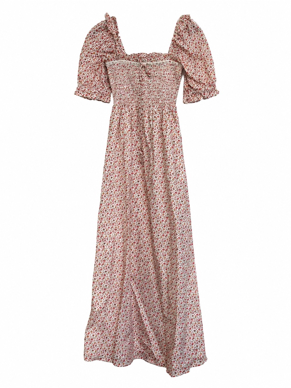 Hill House Home Nap Dress XS Red Floral Smocked Puff Sleeve Lace Trim